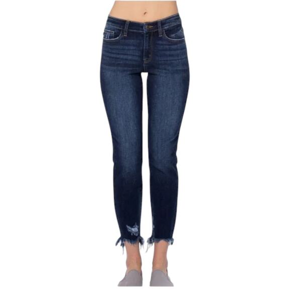 Judy Blue Denim - Judy Blue Dark Wash Distressed Hem Skinny Jeans Cotton Blend High Rise Size 14W